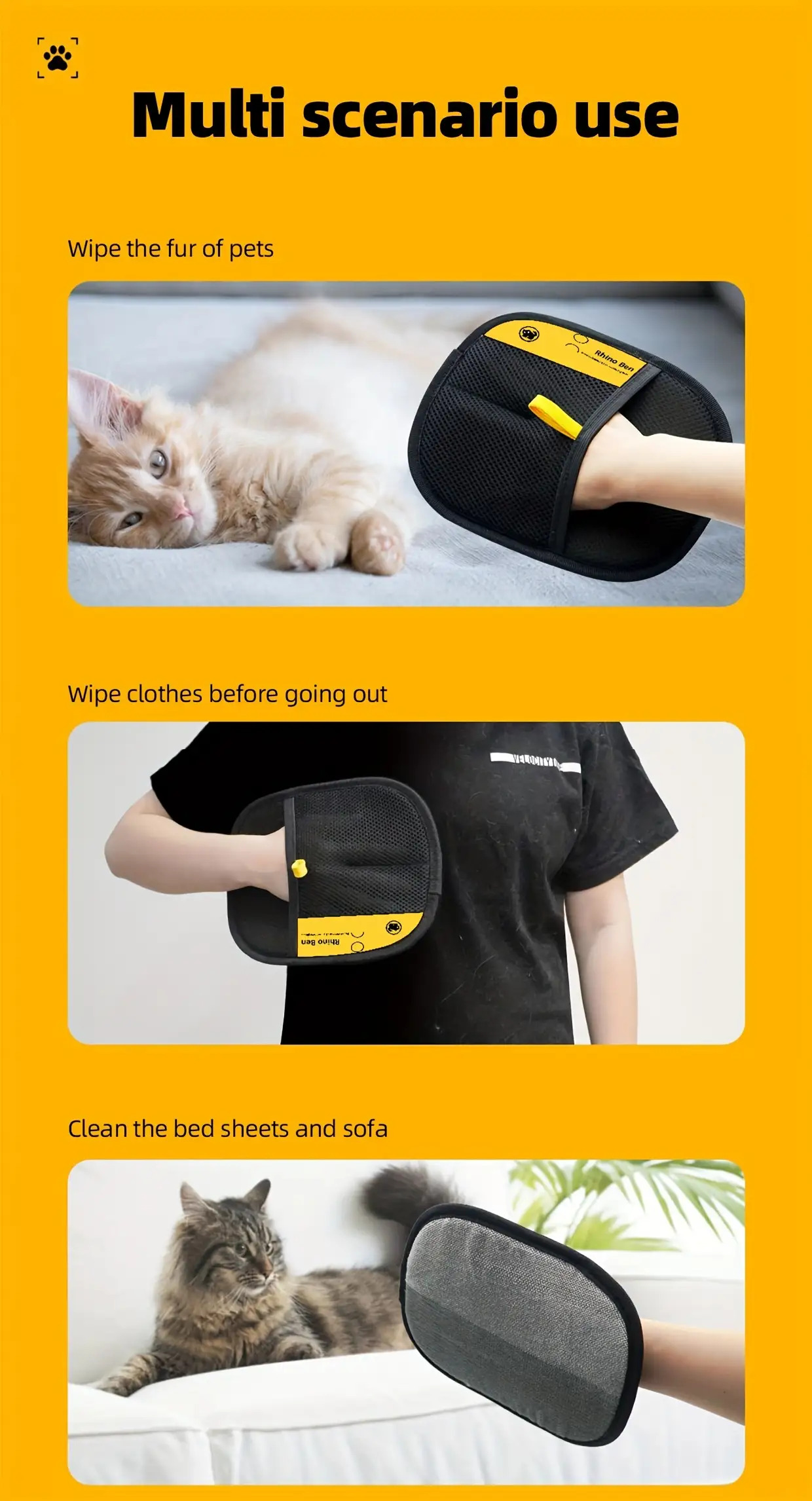   large pet static electricity hair removal glove a black polypropylene cat grooming glove with yellow accents measuring 24 99  98cm this glove   removes pet hair and dander making it an essential tool for cat and dog Product details 9