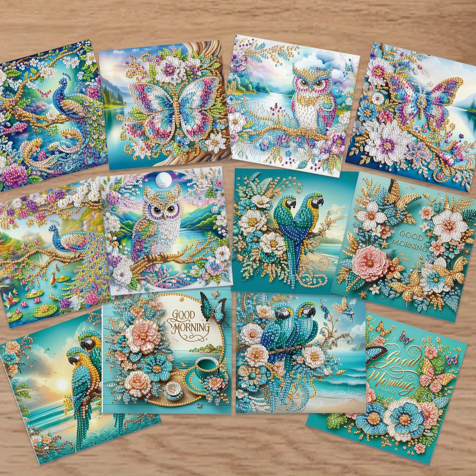 Image of 12pcs Diamond Painting Greeting Cards Kits, Diy Parrots And Landscape Animals Handmade Festival Greeting Cards With Envelopes Crafts Birthday Cards For Holidays Celebrations Gift