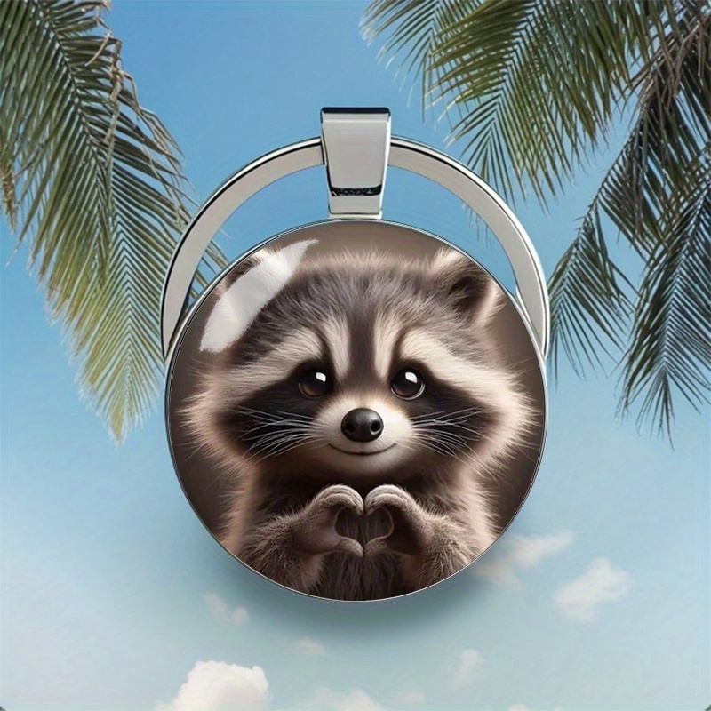 1pc 2d Cute Raccoon Heart-shaped Keychain, Alloy & Glass Round Design – Home, Car Keys, And Bag Decoration – Ideal Gift For Christmas, Valentine's Day, Mother’s Day, Birthdays For