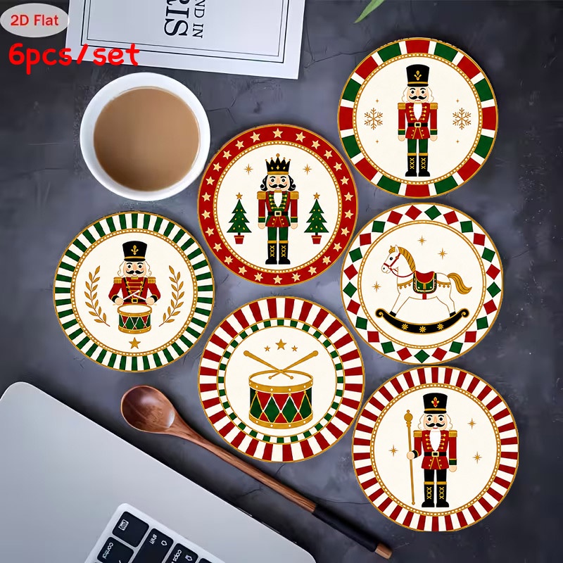 TEMU Hobby Nutcrackers 2d Flat Printing Wooden Coasters, 6pcs Set Festive Christmas Decoration, Red And With Design, Ideal For Home And Office Decor,