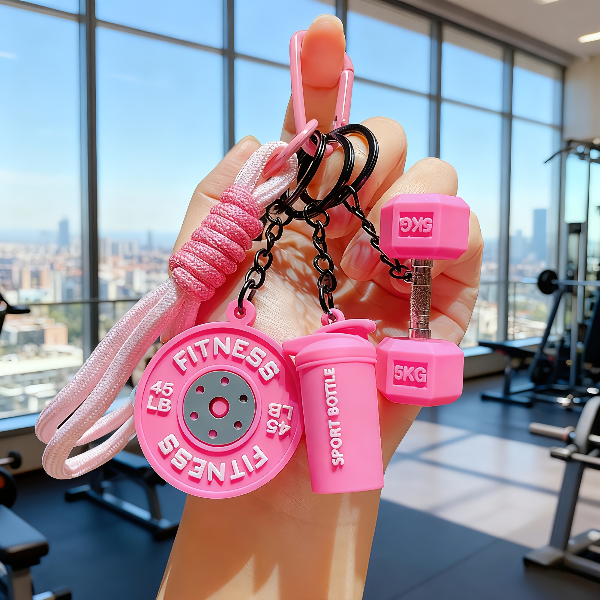 TEMU A Set Of 4 Personalized Sports-themed Keychains Featuring Barbell And Dumbbell Weights. This Handcrafted Fitness Keychain Set Includes Stylish