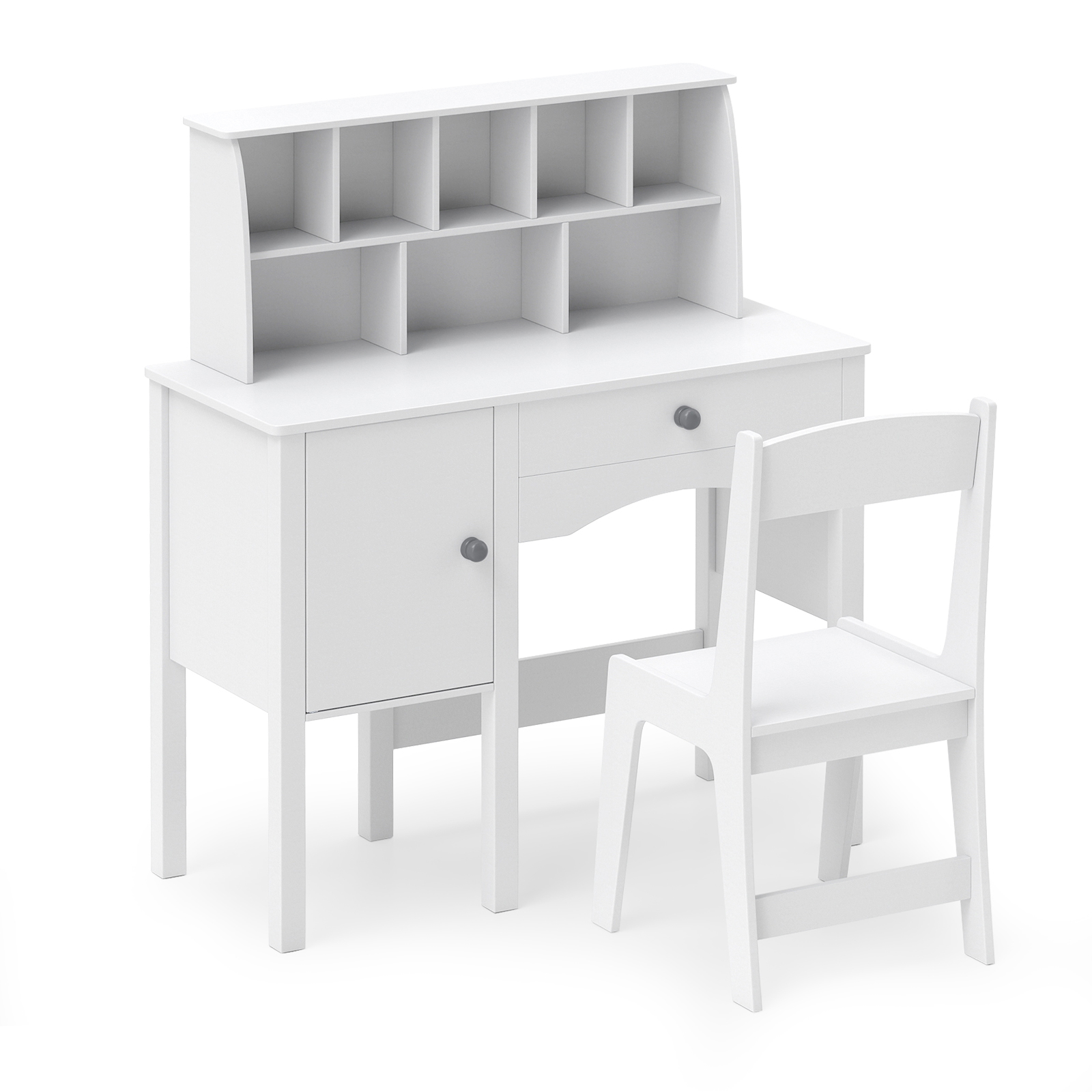 Image of Kids Study Desk And Chair Set, Children Wooden Craft Table With Chair, Hutch And Storage Cabinet For 3+ Years Old, Student Writing Desk Computer Workstation For Bedroom, White