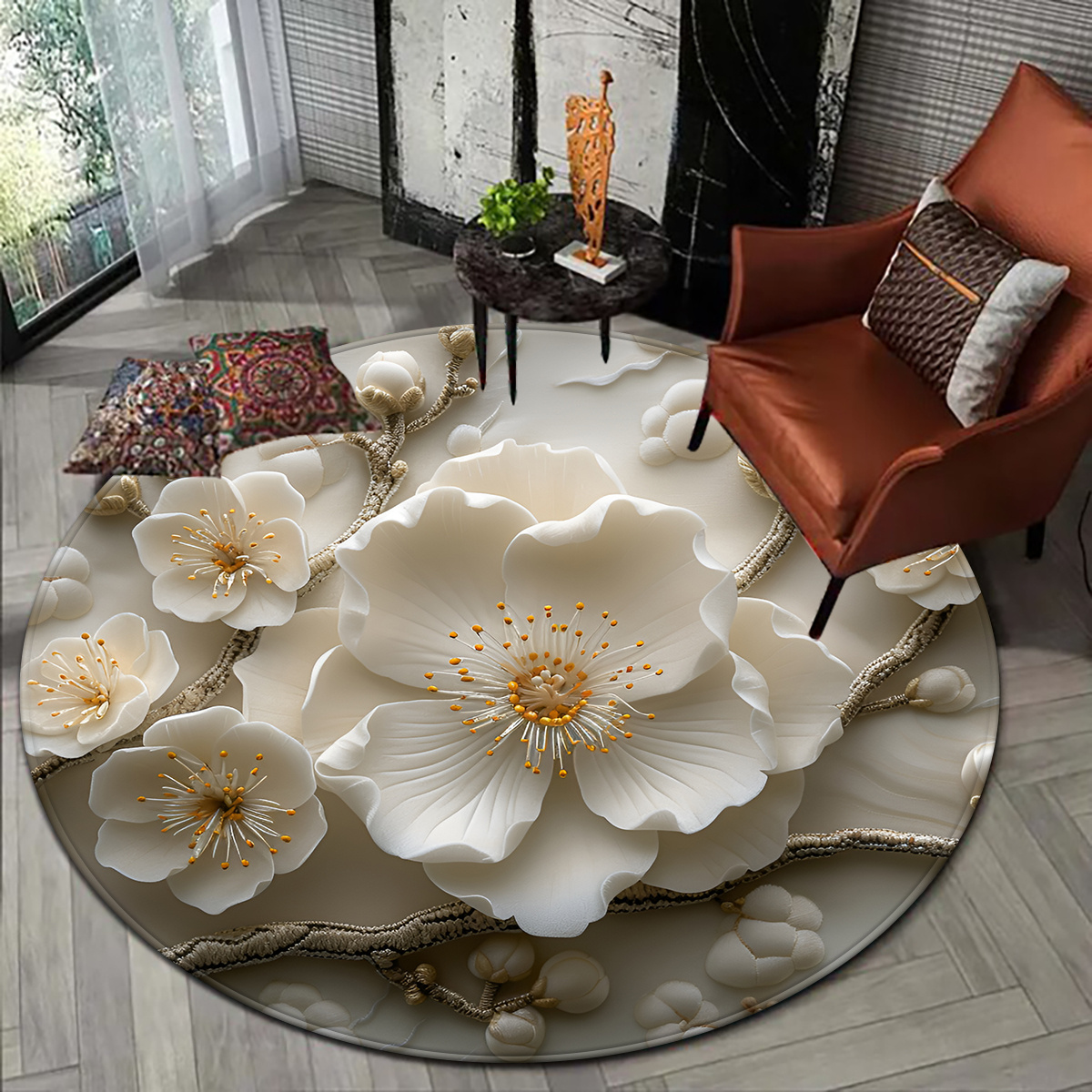 

1pc White 3d Three- Pattern Round Carpet, Suitable For Bedroom And Living Room Decoration, Indoor Use
