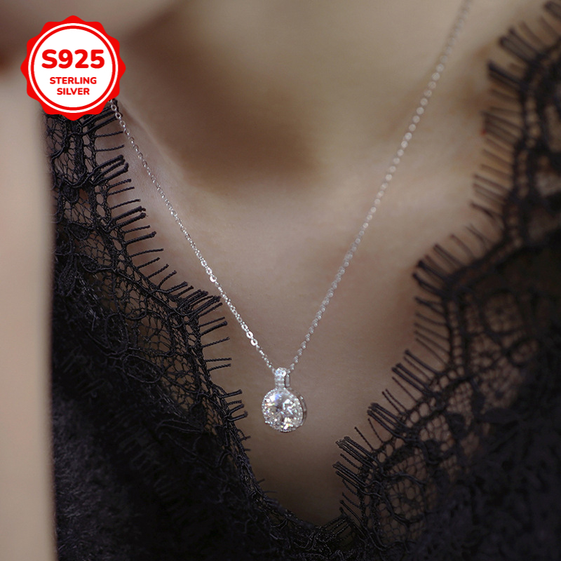 Women's 925 Sterling Silver Round Synthetic Zirconia Necklace