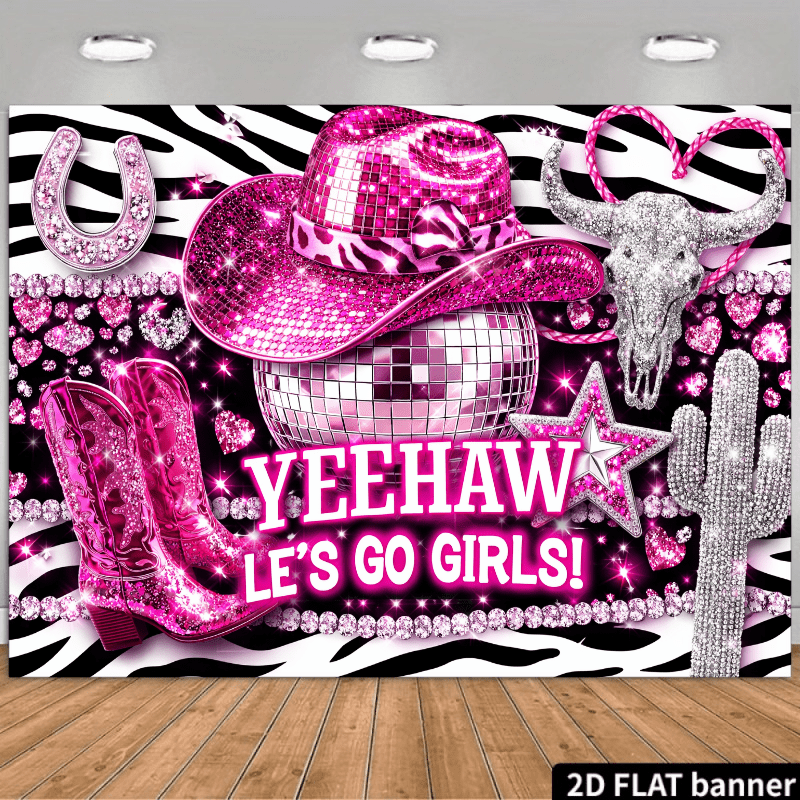 TEMU 2d Flat Cowboy Hat Theme Background Cloth, With Diamond Letters, Go Cowboy Style Text, Pink Sequined Cowboy Boots, Cowboy Hat, , Horseshoe,