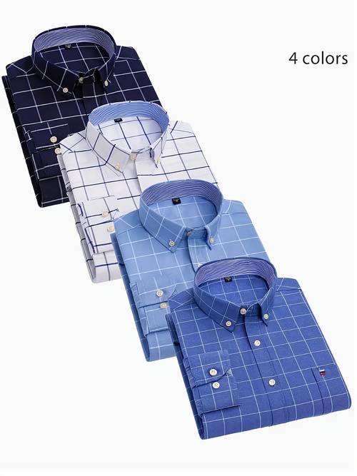 100 oxford fabric mens long sleeve shirt with striped collar and embroidered chest stylish and versatile