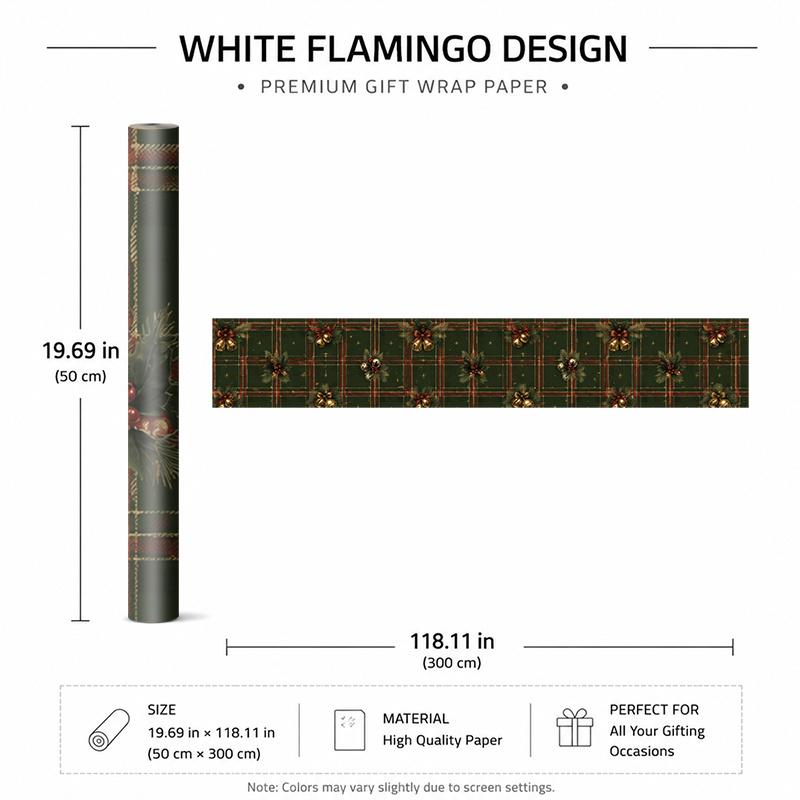 TEMU 1 Rouleau 50x300cm (19.7x118.1in) Papier Cadeau Élégant de Fêtes pour Fête de Noël, Papier d'Emballage Cadeau d'Hiver à Motif Écossais avec Houx