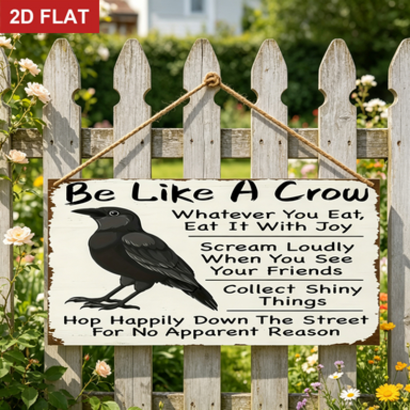 TEMU 2d Flat - 2d Plane, 1 Vintage Wooden Wall Art Sign With Humorous Crow Illustrations, Rustic Decoration Ideal For Homes, Gardens Or Studios,