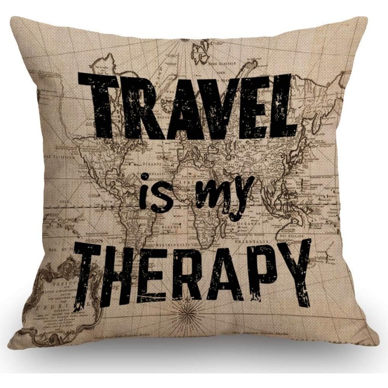 TEMU 2D Flat - 1 decorativa 2D stampata a piatto per la casa. Il cuscino 'Travel Is My Therapy' 癡 per le camere da letto, incarnando un tema di