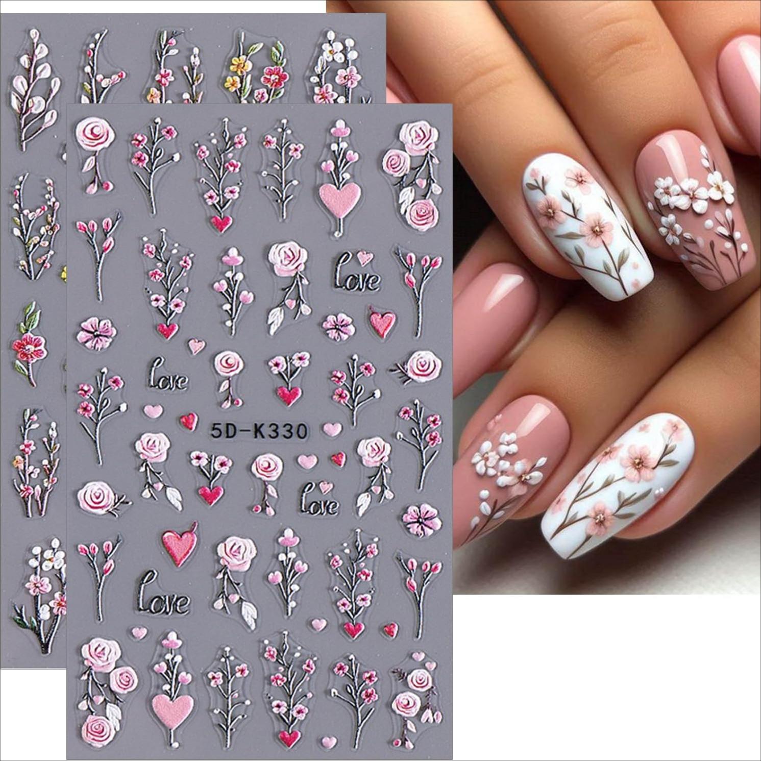 

2 Sheets Valentine's Day Nail Art Stickers 5d Embossed Flower Nail Stickers Pink Floral Nail Decals Nails Designs Sticker Sliders For Women Girls Diy Nail Art Supplies