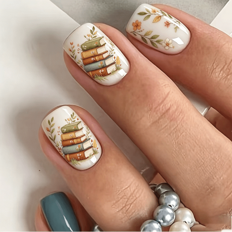 72pcs Short Square Press-on Nails Vintage Back To School Style, Cream Watercolor Stacked Book Floral Fake Nails, Leaf Print Glossy Short Square False Nails For Student Daily Party Wear