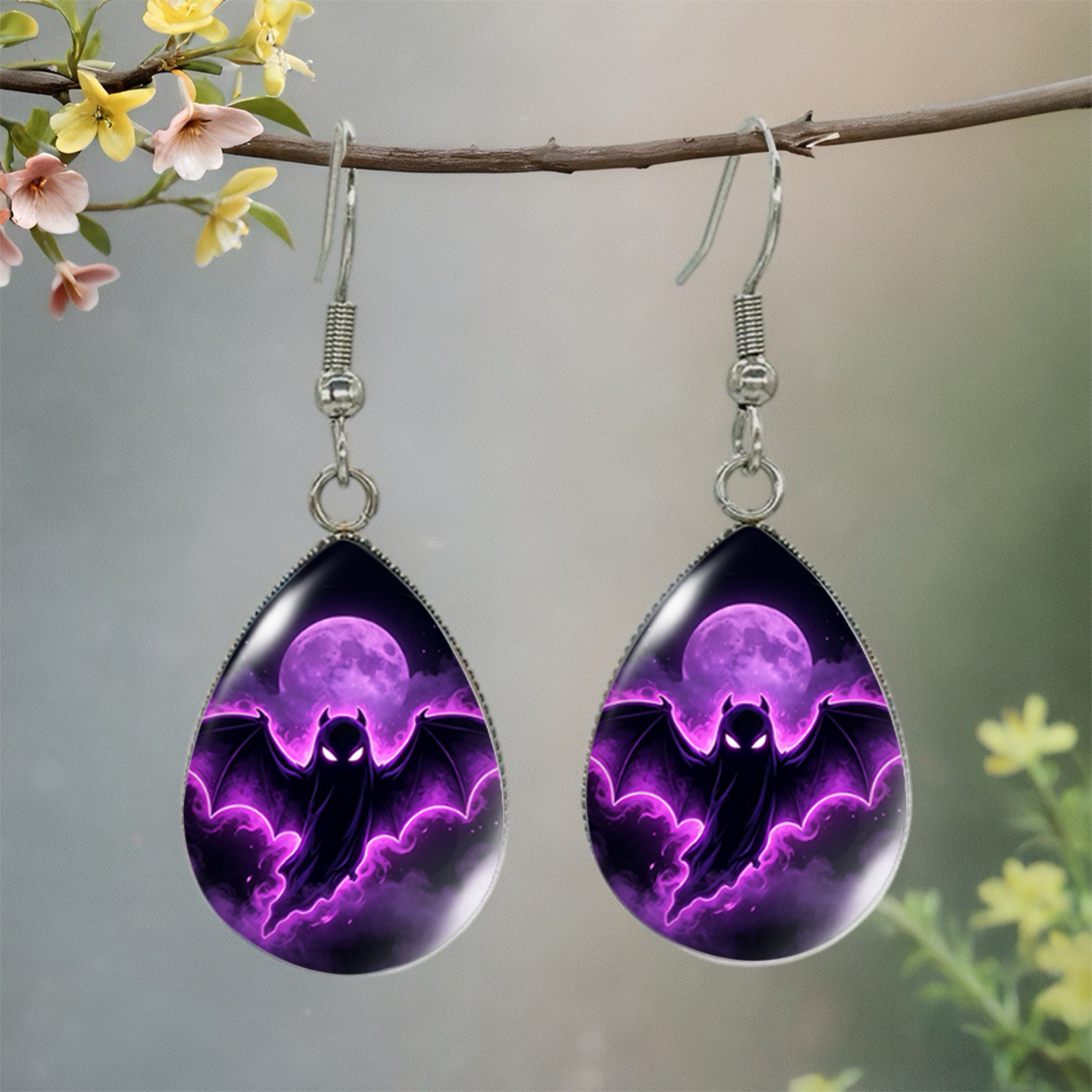 Purple Cloud Mist Black Bat Ghost Pattern Water Drop Earrings