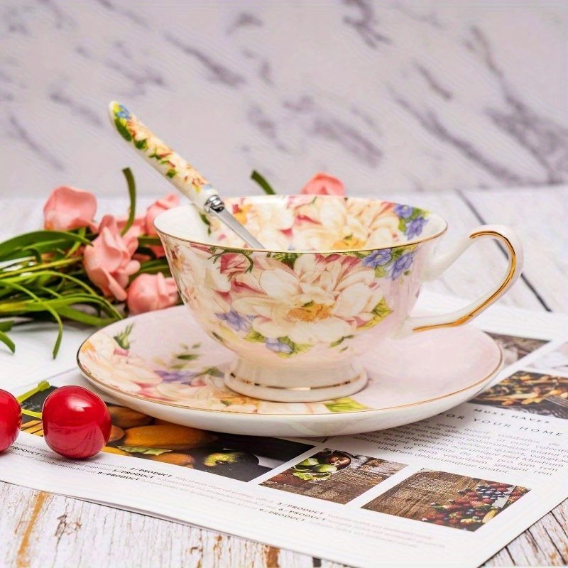 1pc vintage floral bone china tea cup and saucer set - elegant pink & golden english teacup with saucer, 7oz delicate pastel colors (pink, green, blue, yellow, white) for women s  , birthday, mother s day gift, hand wash only, dainty tableware for  , flower tea cup Product details 2