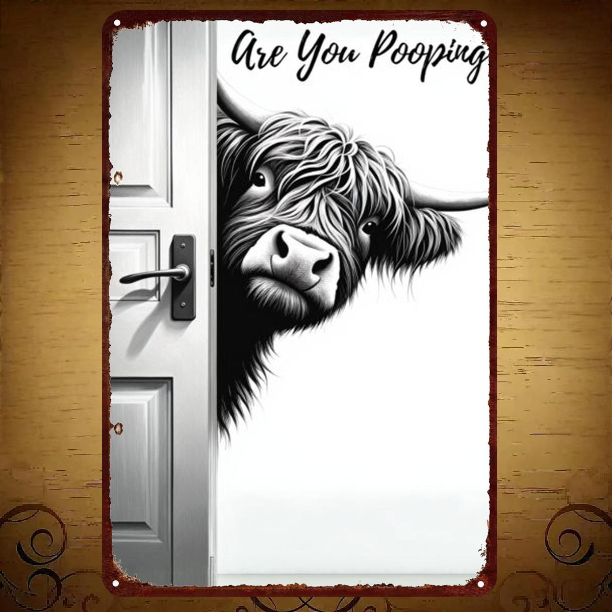 TEMU 2d Flat, 2d Flat 1pc, "are You Pooping? Funny Cow Door Sign - Humorous Metal Wall Art For Bathroom Decor" 8Ã12 Inch, 2d Flat
