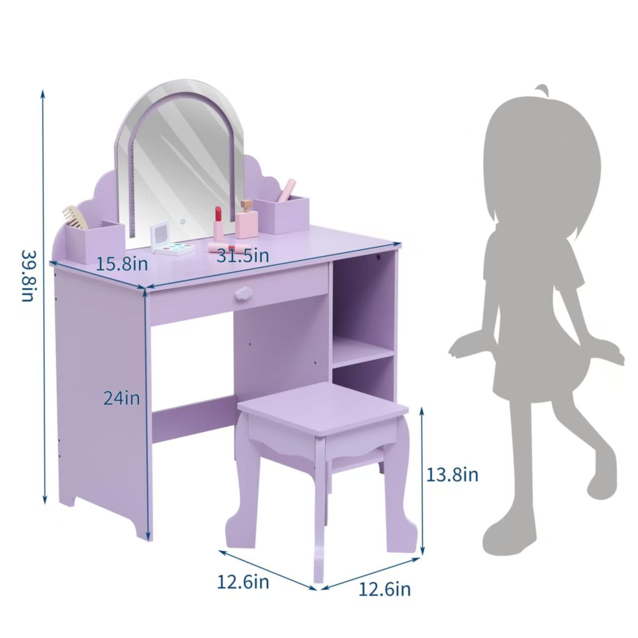 Girls' Kids Vanity Desk with Mirror & Stool - Princess Makeup Table with Drawer, Shelves & Cubbies, Toddler Dressing Table Suitable for Little Girls, Assembly, Non-Wood