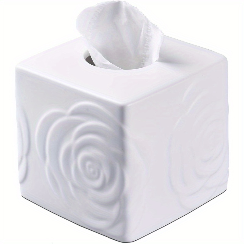 1pc elegant white ceramic tissue box holder with carved lid - large square/rectangular design, decorative lid & sturdy base for bathroom, vanity, kitchen, office - decorative storage for tissues, tissues not included - modern & traditional decor - compatible with cylindrical boxes (compatible with tissue boxes, not tissues) - ceramic tissue box cover with carved rose detailing, decorative tissue box holder, tissue holder bathroom, tissue box with storage, Product details 0
