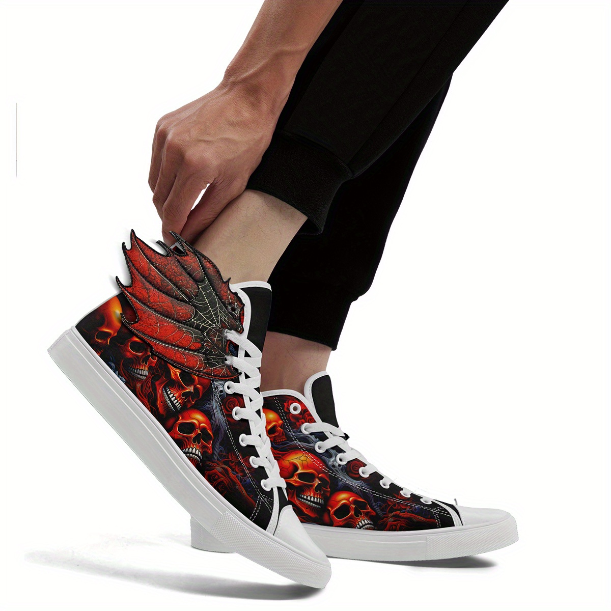 Men's Gothic Skull Wing High-Top Sneakers, 3D Wing Halloween Red Flame Skull Print Design Shoes, Spooky Horror Punk Streetwear Shoes