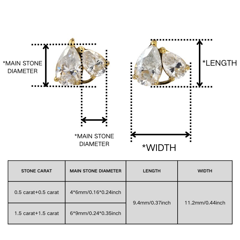 Women's 2.0 Carat Golden Stainless Steel Double Teardrop Moissanite Stud Earrings