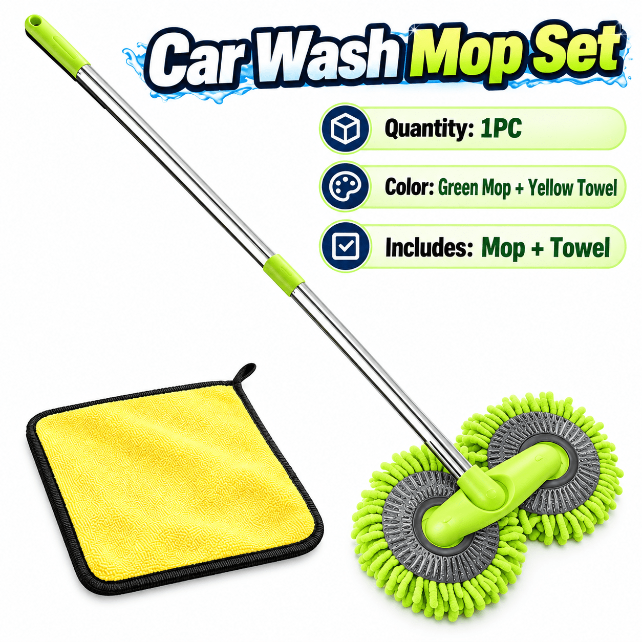 TEMU Extendable Dual-head Car Wash Mop Set, Rotatable Chenille Car Cleaning Brush With Stainless Steel Pole, Comes With Absorption Microfiber Drying