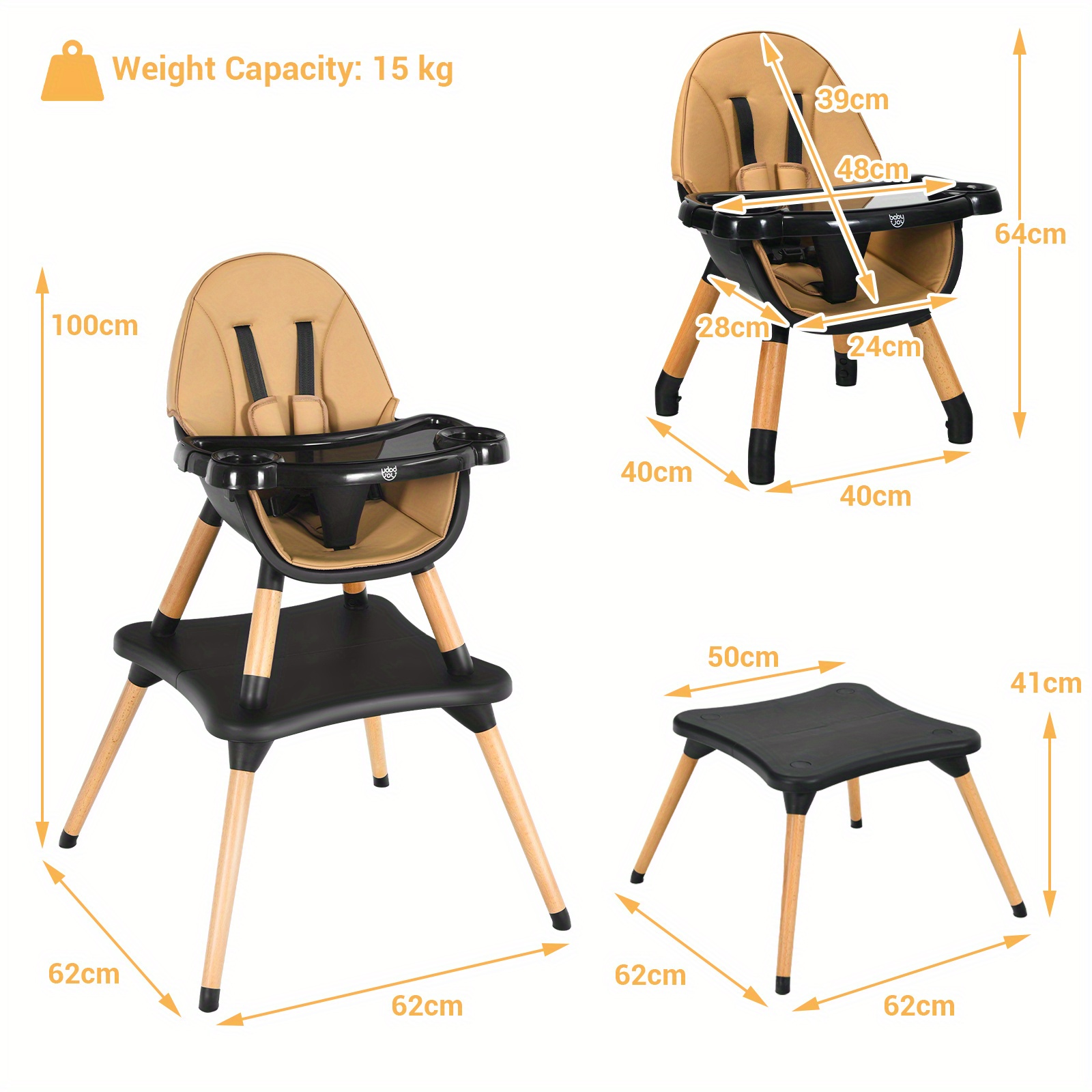 COSTWAY 6-in-1 Convertible High Chair with 6-in-1 Functionality - Wooden & Plastic Construction, Adjustable Height & 5-Stage Developmental Support - Image 9