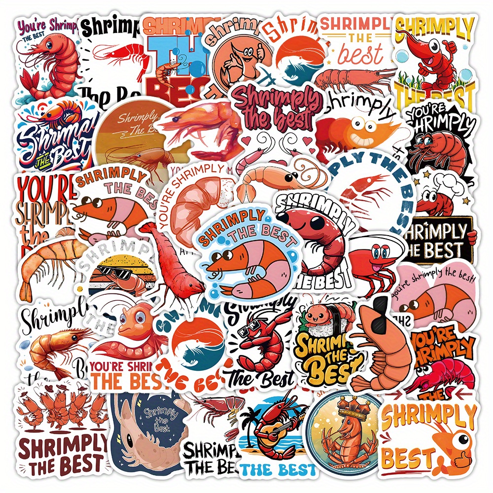 Image of 54pcs Fun Shrimp Series Stickers, Suitable For Scrapbooking, Journals, Laptops, Water Bottles, Cars And More With Positive Messages