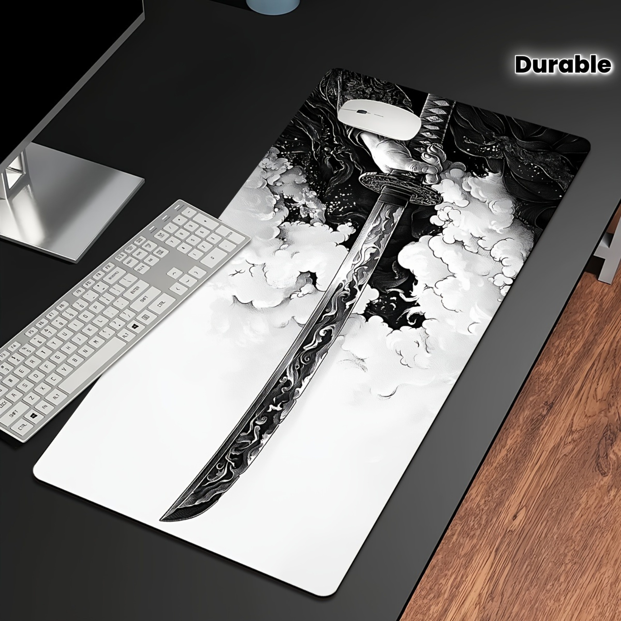 Image of Large Gaming Mouse Pad With Black And White Sword Pattern, Durable Stitched Edges Non-slip Rubber Base Desk Mat For Pc Work Study Room Father's Day Gift For Boys Men
