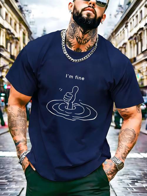 mens funny im fine thumbs up sinking in shirt humorous print short sleeve crew neck tee machine washable casual streetwear top suitable for thumbs not an