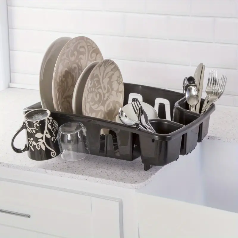 dish rack and with base - heavy-duty -saving dish drying rack with 10 plate holders, 8 cup holders & utensil rack, elevated feet for sink, for small kitchens, dishwasher- assembly, angled base for draining, durable construction, fits over standard sinks, modern kitchen organizer (17.625”l x 13.375”w x 5.375”h), wall mounted dish drying rack, dish drying rack for kitchen sink, kitchen plate rack, Product details 2