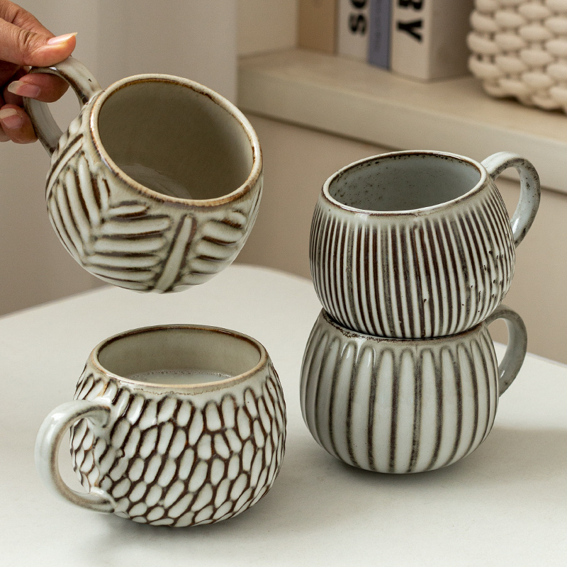 2pcs retro embossed texture ceramic mug unique spherical - Temu Spain