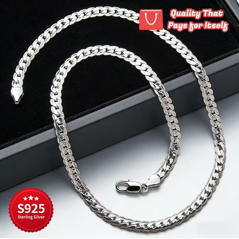 925 Silver Embossed Cuban Chain Necklace, Handmade Design