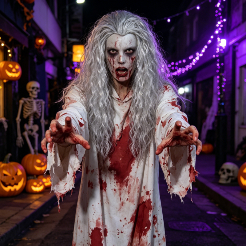 TEMU Halloween-themed Wig With A Full Festive Vibe, Made Of High-temperature Fiber In Silvery White With A Middle Part And Long Curly Waves. Features