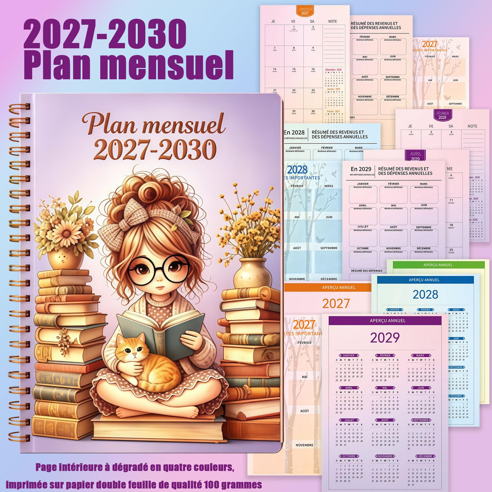 TEMU A French Version 2027-2030 Monthly Planner, A5 Size With 124 Pages Of High-quality Paper, Gradient-colored Inner Pages Featuring A Reading Girl