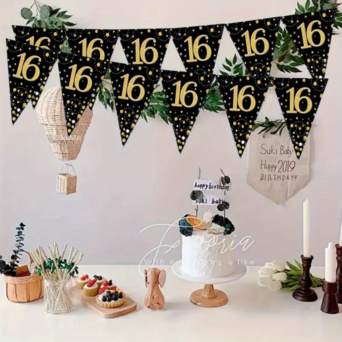 24pcs/set 16th Birthday Party Decorations Triangular Flags, Long Black And Golden 16th Anniversary Banners | Triangular Flags Party Additions For 16th Birthday Wedding Anniversary Party Decorations