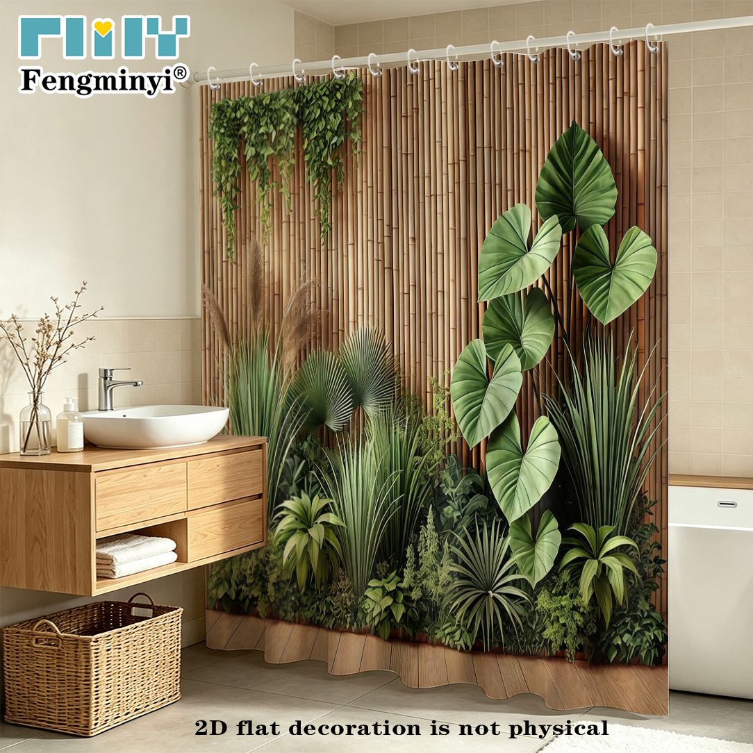 TEMU Rideau de douche plat 2D, 1 pièce, Thème Plantes vertes, de verdure, Rideau de décoration de salle de bain, Tissu en polyester, Inclut un