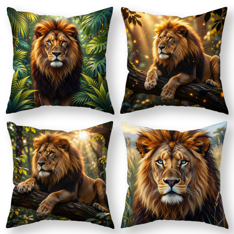 TEMU 4pcs Lion-themed Throw Pillow Covers | Wildlife-inspired Decorative Cushion Cases With Jungle Scenes, Earthy Tone, Polyester, Zipper Closure,
