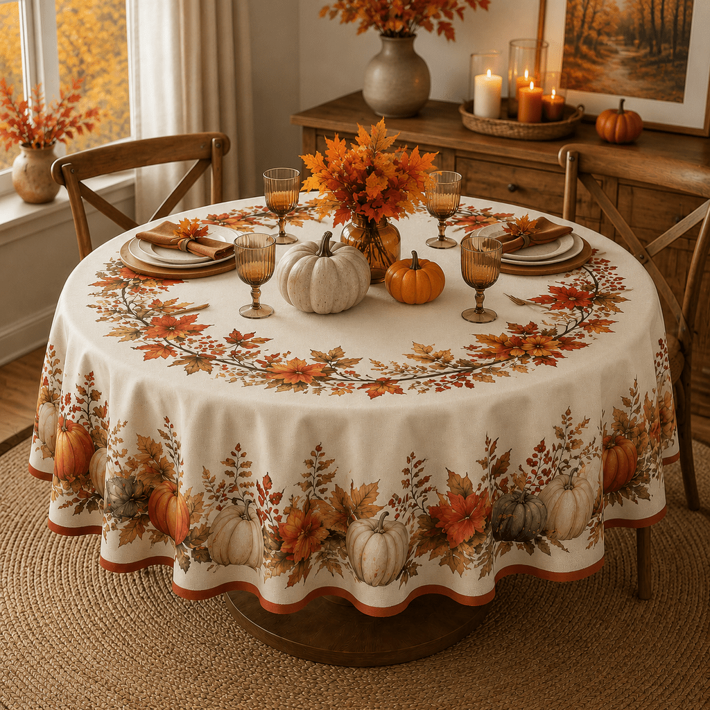 TEMU 1pc 1pcs Round Tablecloth Suitable For Table Decor - Autumn Pumpkin Maple Leaf Print Farmhouse Table Cover, Rustic Fits Circular Tables For