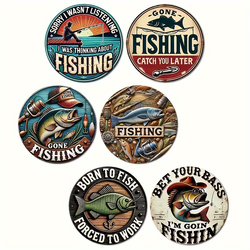 TEMU 6pcs Fishing-themed Wooden Coaster Set With Quotes And Fish Patterns - Rounded Design Drink Mats, Ideal Gift For , Home And Tabletop Decor,