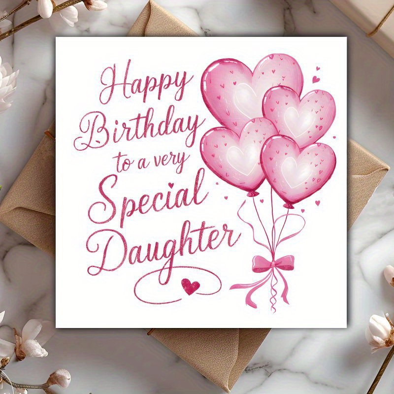 TEMU 1pc Pink Birthday Card For Daughter - Elegant Cursive "happy Birthday To Our Special Daughter" Message With Heart-shaped Balloons And Ribbon Bow