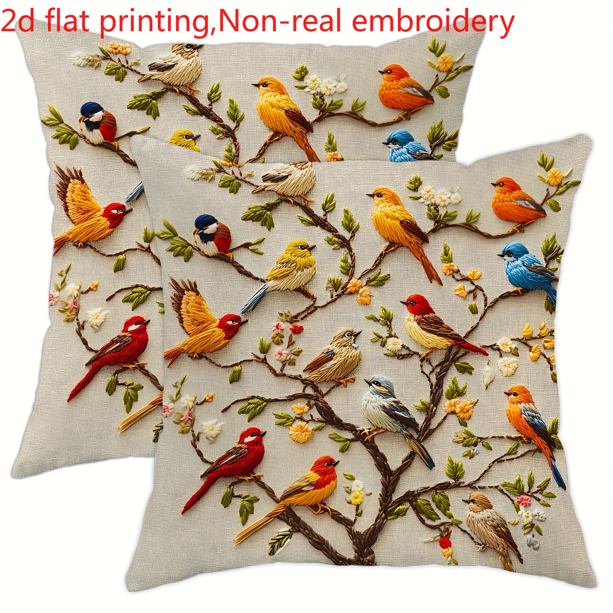 TEMU 2d Flat Printing - 2pcs Floral And Bird Theme Decorative Pillowcase Set, Non-real Embroidery Short Plush Single-sided Print, Machine Washable,
