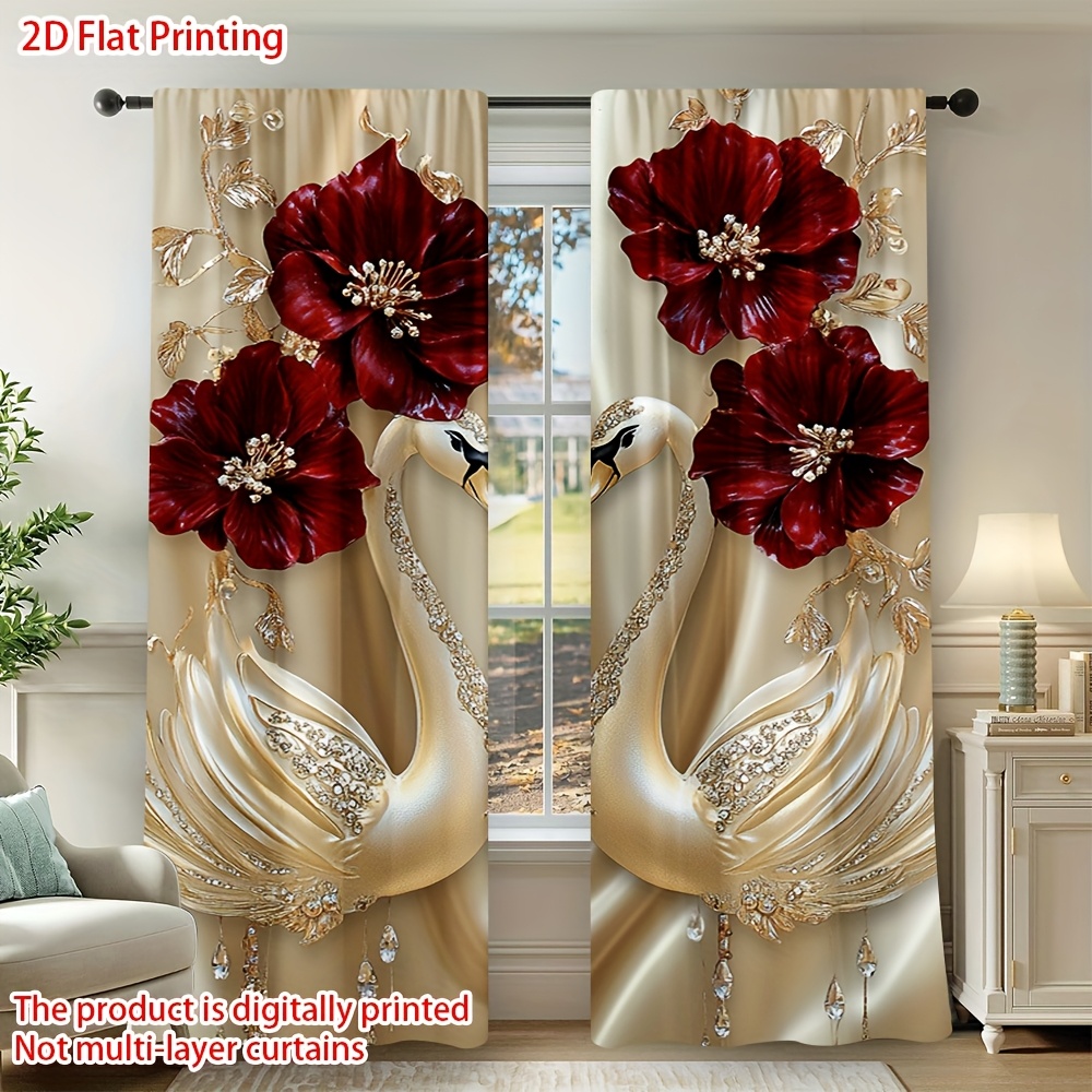 TEMU 2d Flat - 2pcs 2d Flat Print Room Curtains, Printed Elegant Swan Floral Decor Semi-blackout Curtains With Rod - Room Decoration, Living Room,