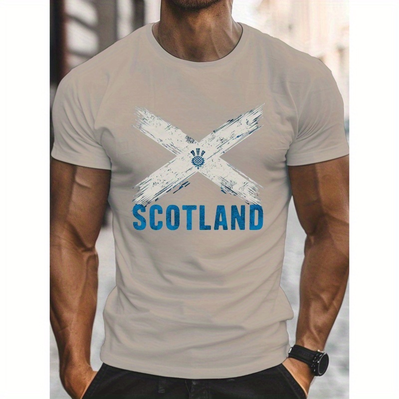 

Men's Patriotic Scotland Flag Print T-shirt - 100% Polyester Knit Fabric, Crew Neck, Regular Fit, Stretch, Casual Summer Top