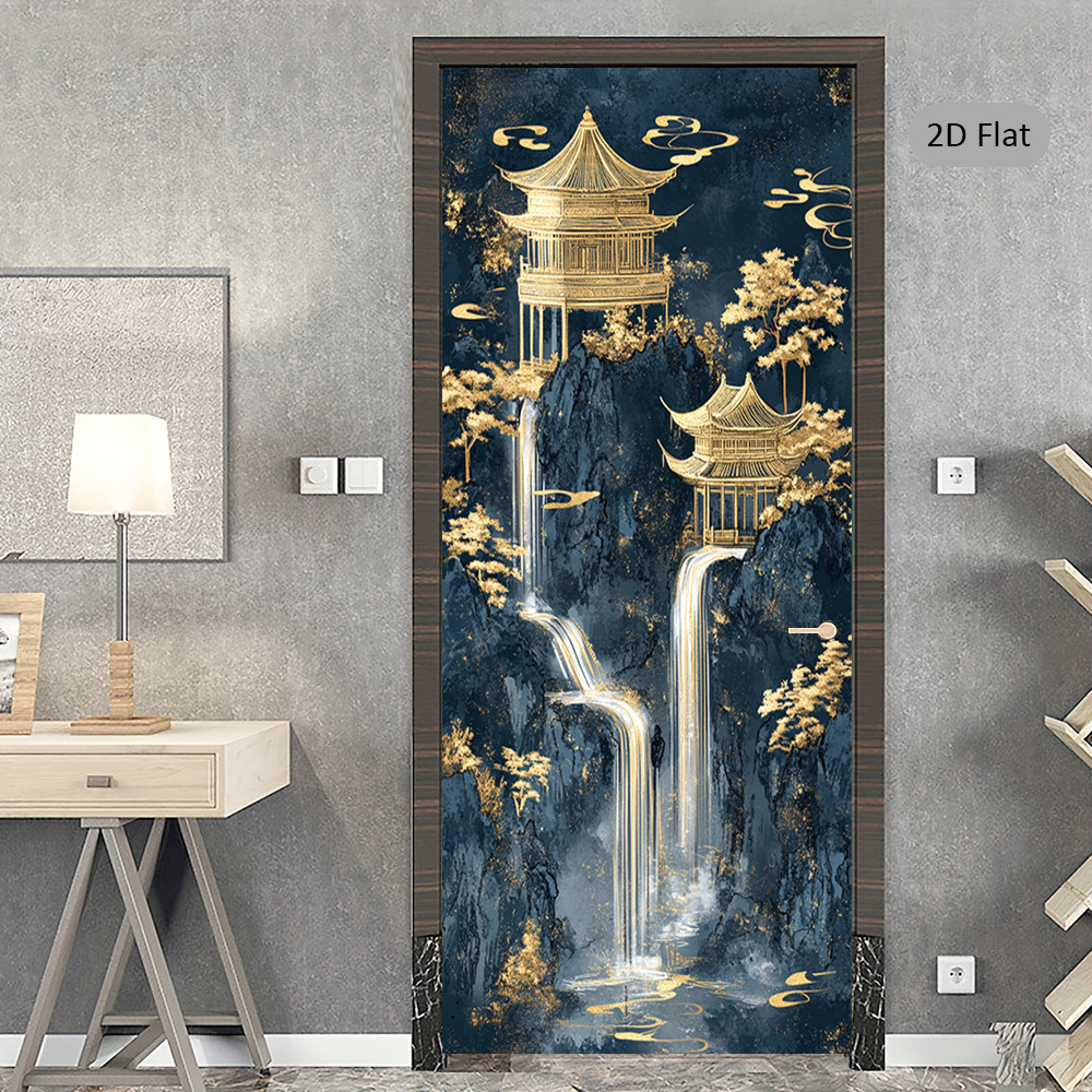 artikel foto 2d plat 1 paar gouden pagodes muurschildering deurstickers,   landschap verwijderbaar zelfklevend deurbehang, oosterse kunst deurstickers decor, stijlvolle deurmuurschildering, moderne deursticker, klassiek ontwerp huisdecoratie stickers, 2d plat