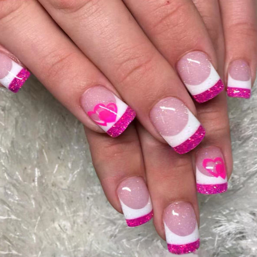 TEMU 48pcs Square Pink Glitter Heart Press On Nails | Reusable Pink Base With Heart Pattern, Fake Nails, Machine- Artificial Nails, Glossy End, Short