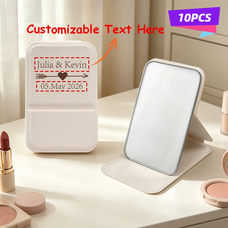 TEMU 10 espejos de maquillaje plegables personalizables, texto/logotipo grabado personalizado, espejo de soporte portátil para recuerdos de boda,