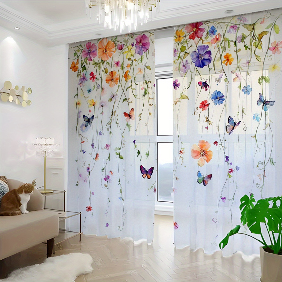TEMU 2pcs Home Decor Sheer Curtains, Floral Print Semi-sheer Window Drapes, Pastoral Style Fresh And Decoration, Cozy Romantic Window Treatments For