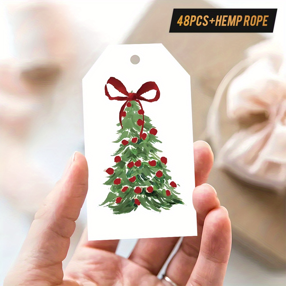 TEMU 48 etiquetas de regalo navideñas con cuerda de cáñamo, diseño de árbol de Navidad pintado a con decoraciones , estilo acuarela, festivo, para