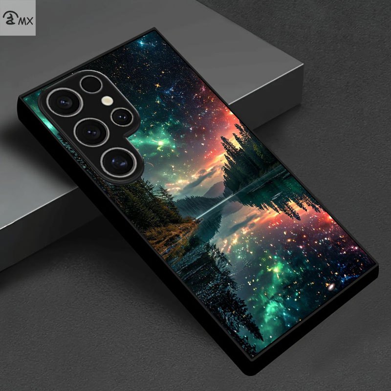 TEMU Phone Case - Design Of A Night Scene Pattern Featuring A Starry Sky On A Lake, Suitable For High-end Black Tempered Glass Phone Cases For Galaxy