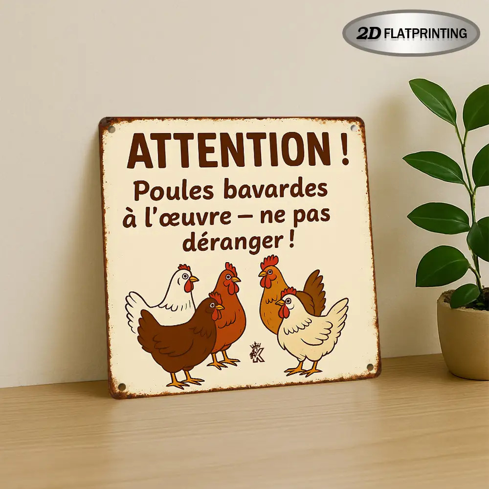 TEMU Décoration Murale 2D Plate en Bois Français Vintage - Panneau Décoratif de Style Rustique avec Motif Poule et Poussins, Texte Français