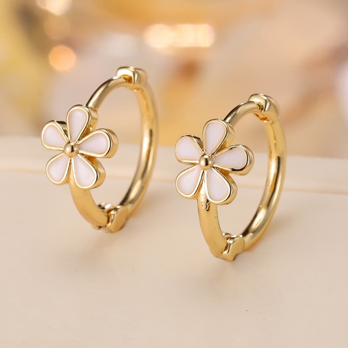 Unisex Minimalist Copper Enamel Five-Petal Flower Huggie Earrings