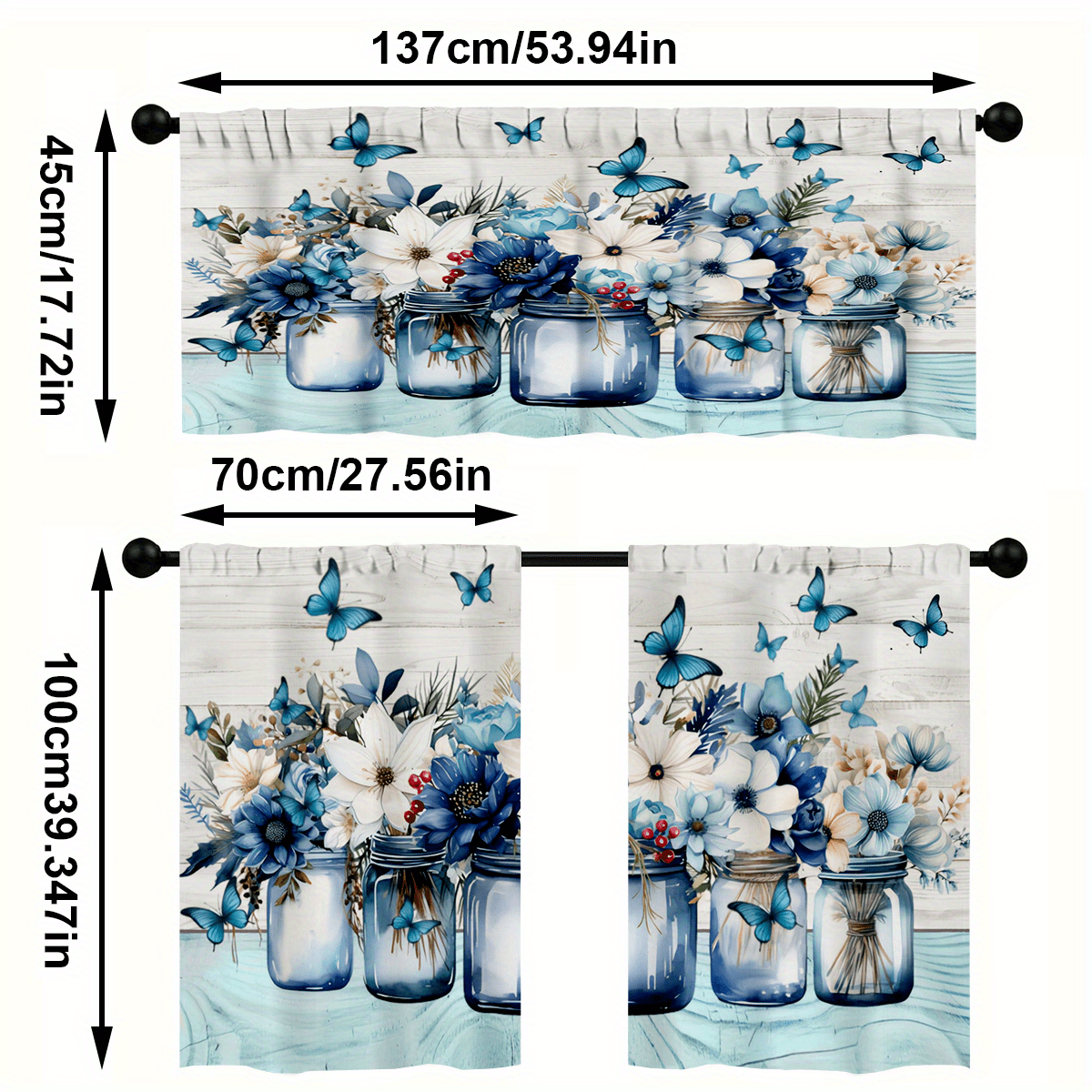 TEMU 3pcs/ Set Kitchen Curtain Sets, Blue And White Print Curtain Set, Rod Pocket Valance Curtain Tier, 1 Valance/ 2 Cafe Curtains Tiers, Window For